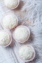 Homemade white truffles candy dessert sprinkled in coconut chips on wooden background close up. Delicious chocolate praline Royalty Free Stock Photo