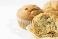 Homemade Whole Wheat Bran Muffins on White Cake Stand. Visible Dough Texture. Breakfast Morning Healthy Pastry Baking Royalty Free Stock Photo