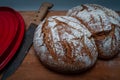 Homemade wholemeal bread in a dutch oven ,cast iron pan Royalty Free Stock Photo