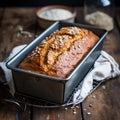 Homemade wholemeal bread in a pan on wooden table