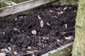 Homemade wooden compost bin in the garden. Recycling organic biodegradable material and household waste in composter. Best organic