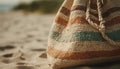 A homemade woven wool bag on a sandy beach coastline generated by AI