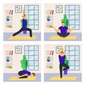 Homemade yoga physical activity, male character workout poster card set, asian practice flat vector illustration Royalty Free Stock Photo