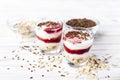 Homemade yogurt with berry jam, linseed and oat flakes