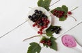 Homemade yogurt with black and red currant in spoon. Fresh berries with leaves on white wooden boards Royalty Free Stock Photo