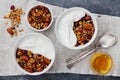 Homemade yogurt bowl with granola on black table, healthy and diet breakfast, from above Royalty Free Stock Photo