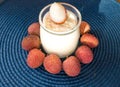 Homemade yogurt and fresh lychee in glass jars, selective focus. Healthy Food Royalty Free Stock Photo