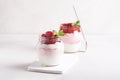 Homemade yogurt with fresh strawberries and mint stands in jars on a wooden stand on a gray background.