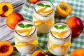 Homemade yogurt with peaches, close-up