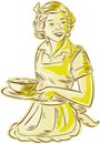 Homemaker Serving Bowl of Food Vintage Etching
