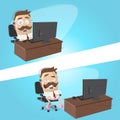 Funny cartoon illustration of a businessman working at his homeoffice with underpants and slippers