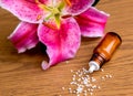 Homeopathic globules on wooden ground with lilly
