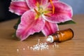 Homeopathic globules on wooden ground with lilly