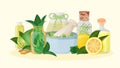 Homeopathic medicine and herbal healing, vector illustration. Lemon natural aromatherapy, naturopathy ingridient. Flower