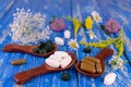 Homeopathic medicines and medicinal herbs on a blue wooden table. Royalty Free Stock Photo