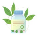 Homeopathic pills in bottle with green leaves decoration. Alternative medicine. Herbal capsules Royalty Free Stock Photo