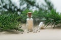 Homeopathic pills in glass bottles pine tree close up. Alternative homeopathy medicine concept. Royalty Free Stock Photo