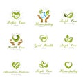 Homeopathy creative symbols collection. Phytotherapy conceptual vector emblems created using green leaves, heart shapes, religious