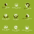 Homeopathy creative symbols collection. Restoring to health conceptual vector emblems created using green leaves, heart shapes,