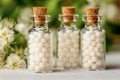 Homeopathy globules in bottles. Homeopathy, naturopathy and alternative medicine Royalty Free Stock Photo