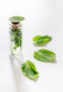 Homeopathy. Medicinal herbs in glass on white background