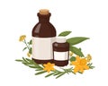 Homeopathy natural medicine. Healthy organic treatment two brown bottles with oil extracts herbs. Royalty Free Stock Photo