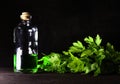 Homeopathy oil in vintage bottles black background. A bottle of homeopathic remedies. Royalty Free Stock Photo