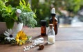 Homeopathy pharmacy, natural medicine. Homeopathic globule and bottle, green herb background Royalty Free Stock Photo