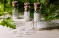 Homeopathy pills and oil in vintage bottles on wood and green background. Royalty Free Stock Photo