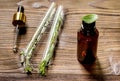 Homeopathy. Store up medicinal herbs. Herbs in glass on wooden table background Royalty Free Stock Photo