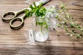 Homeopathy. Store up medicinal herbs. Herbs in glass on wooden table background Royalty Free Stock Photo