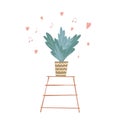 Homeplant with green leaves, trendy beige clay pot with pink hearts, music notes isolated image, simple scandinavian style