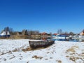 Homes and ships in river Minija in winter , Lithuania Royalty Free Stock Photo