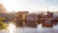 Homes on the water at a Floating Pier in Fisherman's Wharf Park Royalty Free Stock Photo