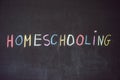 Homeschooling. Child pointing at word Homeschooling on a blackboard