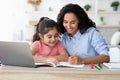 Homeschooling Concept. Caring Young Mom Helping With Homework To Her Little Daughter Royalty Free Stock Photo