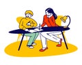 Homeschooling Concept. Young Woman and Schoolboy Sitting at Desk, Teacher Female Character Royalty Free Stock Photo