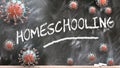 Homeschooling and covid virus - pandemic turmoil and Homeschooling pictured as corona viruses attacking a school blackboard with a