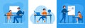 Homeschooling design concept with doodle characters of children and adult teachers tutoring with desks and placards vector Royalty Free Stock Photo