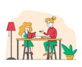 Homeschooling Education Concept. Young Woman and Schoolgirl Sitting at Desk, Teacher or Mother Female Character