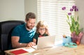 homeschooling and elearning. back to school. father and son in eyeglasses use computer Royalty Free Stock Photo