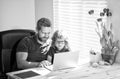 homeschooling and elearning. back to school. father and son in eyeglasses use computer Royalty Free Stock Photo