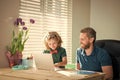 homeschooling and elearning. back to school. glad daddy and son in glasses use computer Royalty Free Stock Photo