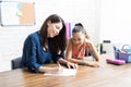 Mother Assisting Daughter With Schoolwork At Table