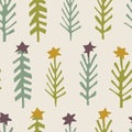 Homespun Naive Christmas Fir Tree with Star Pattern. Seamless Background for Festive Holidays Texture. Winter Hand Drawn Royalty Free Stock Photo