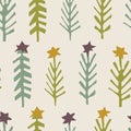 Homespun Naive Christmas Fir Tree with Star Pattern. Seamless Background for Festive Holidays Texture. Winter Hand Drawn Paper Cut Royalty Free Stock Photo