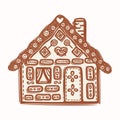 Homespun Naive Christmas Gingerbread House with Candy Clip Art . Icon Motif for Festive Holidays Symbol. Hand Drawn Winter Cartoon