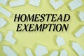 Homestead Exemption text with house models on yellow background Royalty Free Stock Photo