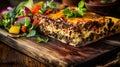 Homestyle Traditional Bobotie with Fresh Garden Salad in Rustic Setting, created using generative AI tools