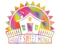 Tiny house icon in bright colorfull mixed colors with home sweet home quote